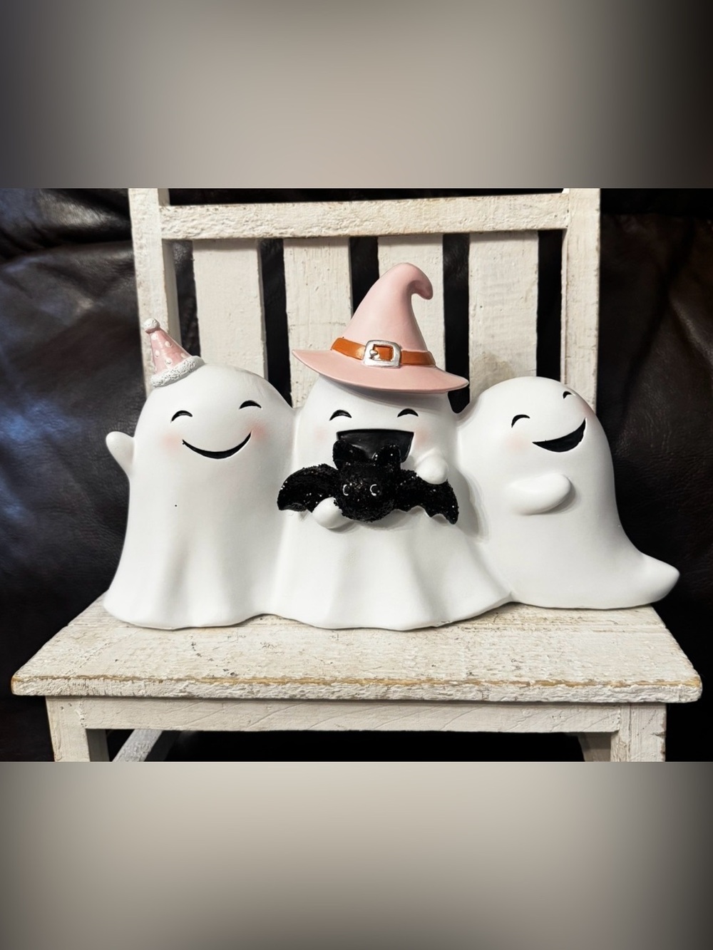 Trio Ghosts with Pink Witch Hat and Black Glitter Bat